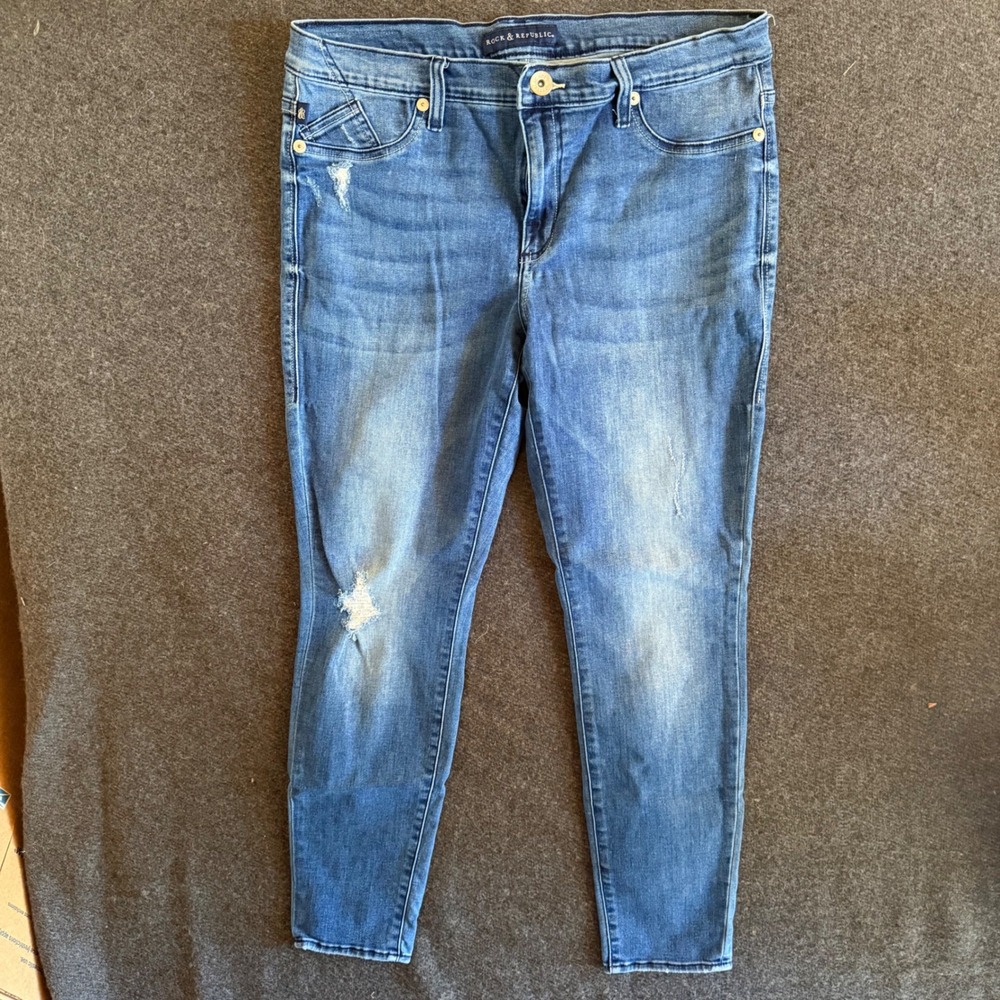 Rock & Republic Kashmiere Skinny Jeans Womens 34 Blue Medium Wash Distressed